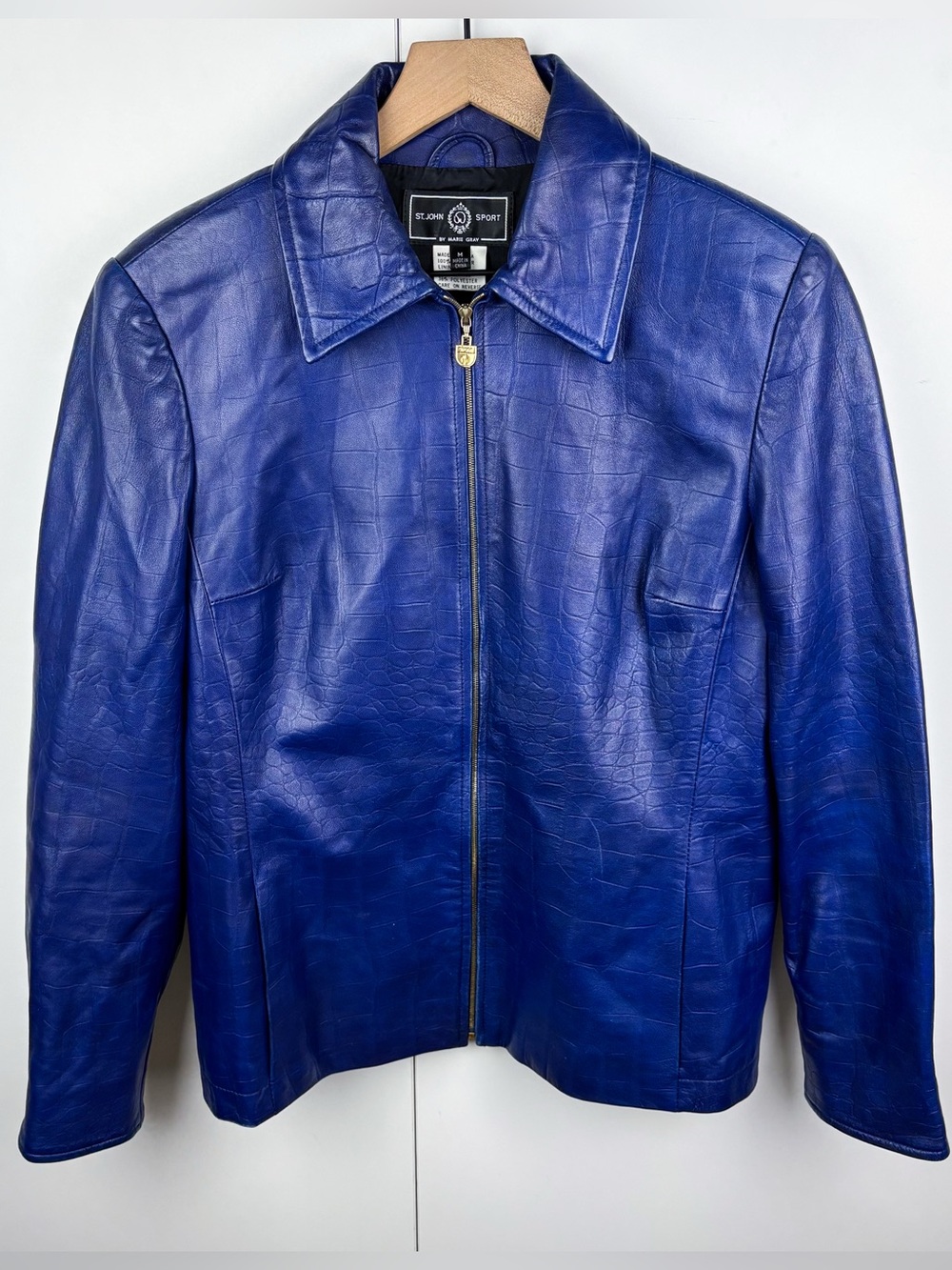 St. John Sport Zip Front Leather Jacket Croc Embossed Cobalt Blue Medium Coat